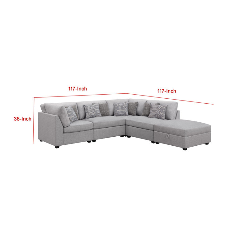 Cambia 5 Piece Modular Sectional Sofa With Ottoman, Gray, 8 Pillows