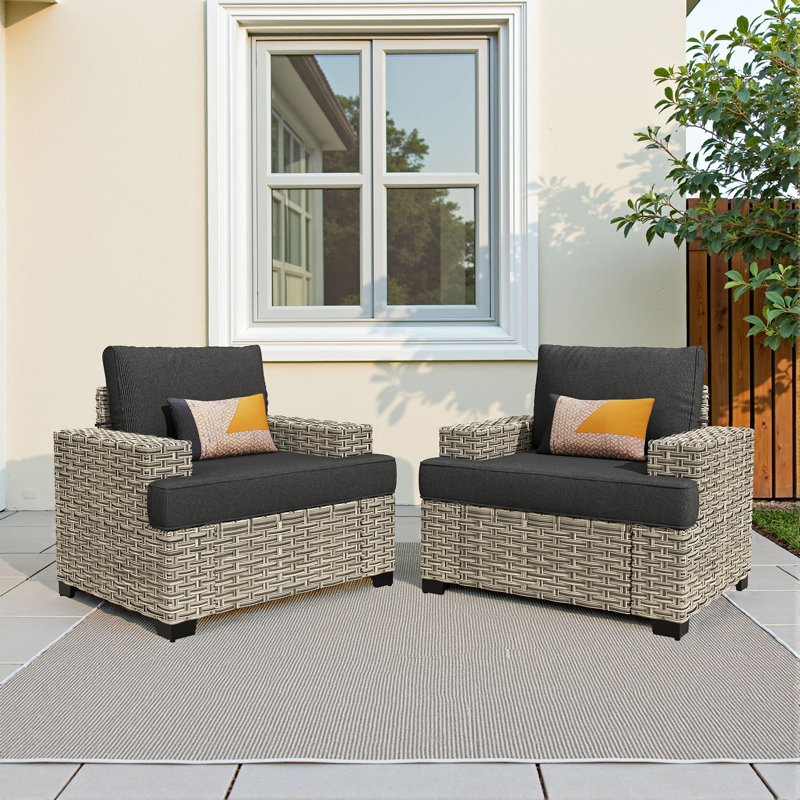 Wicker Rattan Outdoor Patio Chairs With Cushions And Wide Armrest, Black