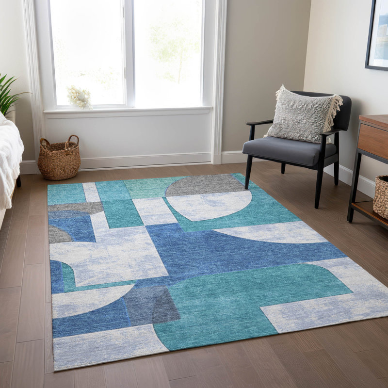 Machine Washable Indoor/Outdoor Cinead ACN1692 Teal Rug, Rectangle 5' x 7'6"