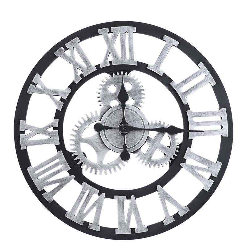 Horloge murale rustique 3D faite main, en bois, avec engrenages, style vintage, pour salon/bureau/bar, 58 cm, argentée