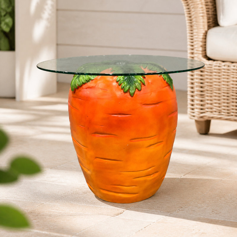Carrot with Glass Top Resin Accent Side Table, 14.17 x 16.73 Inches, Orange Red