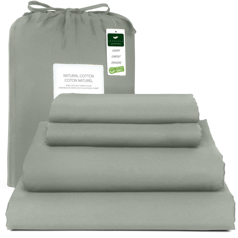 Ensemble de draps 100% satin de coton 200 fils respirant et rafraîchissant, Grand, Sauge