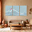 Ensemble de 3 impressions sur toile, motif nautique et plage avec soleil rouge sur fond bleu-1612636032