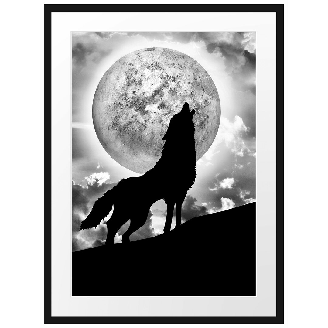 Gerahmtes Poster Wolf heult Mond an