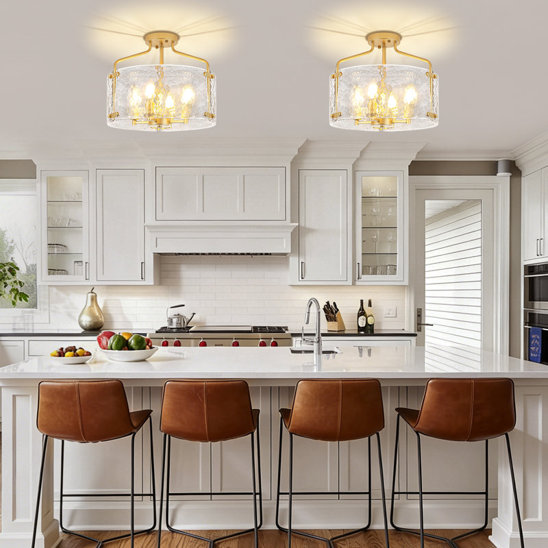 4 - Light Modern Glass Drum Semi Flush Mount Ceiling Light Fixture For Kitchen Bedroom Entryway Hallway, Gold