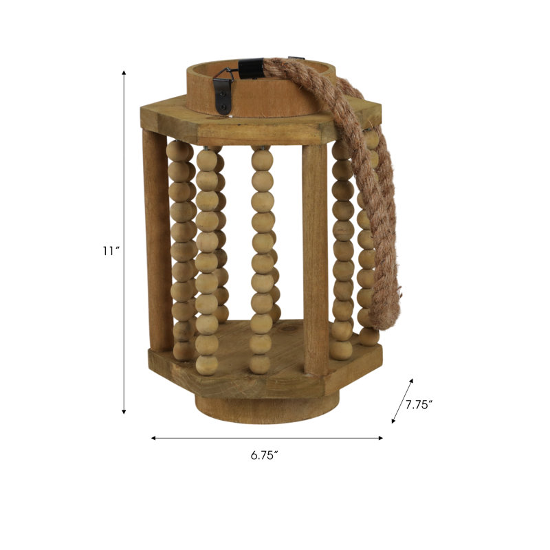 Wood Hurricane Lantern with Spindled Ball Columns and Rope Handle in Casual Home Style Decorative Accent Lighting for Rustic Coastal Farmhouse or Boho Inspired Interiors.