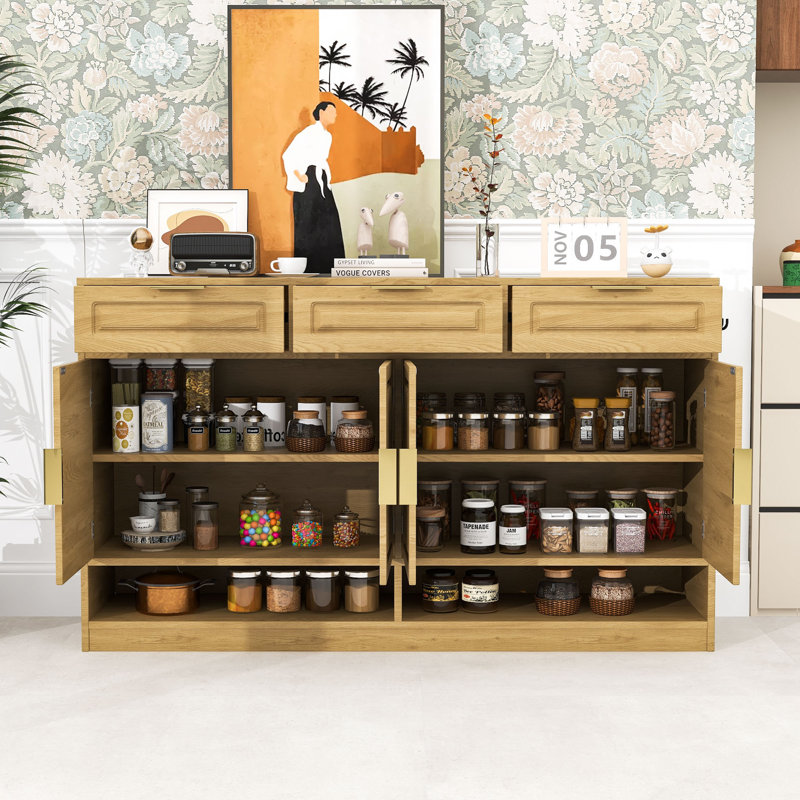 Buffet moderne avec tablettes et tiroirs et compartiments de rangement ouverts, Natural