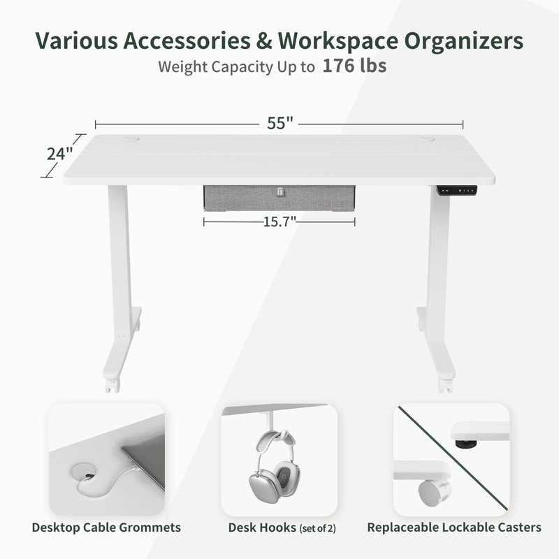 Bureau debout à hauteur ajustable, Blanc, H 46 po x l 55 po x P 24 po