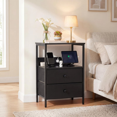Minimalist Design Bedroom Bedside cabinet – Modern Bedside Table with Built-in Black US Power Strip – Convenient Charging – Black