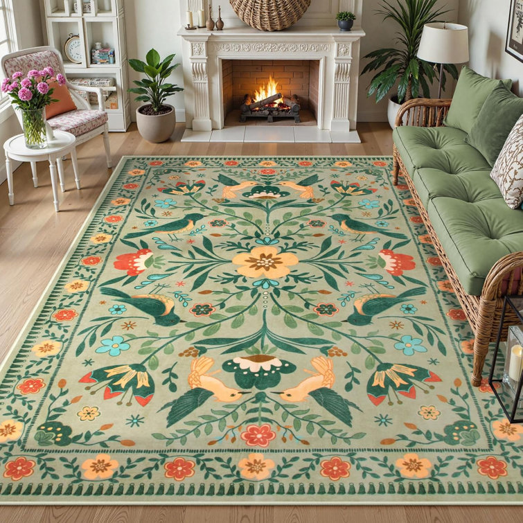 Goldene Boho Washable Botanical Green Area Rugs for Living Room, Low-Pile Floral Rug with Non Slip Backing For Bedroom Dining Room