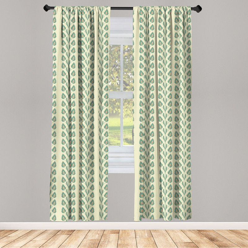 Ambesonne Floral 4-Panel Curtains, Graphic Flowers Branches, Jade Green Orange, 56" W x 84" L
