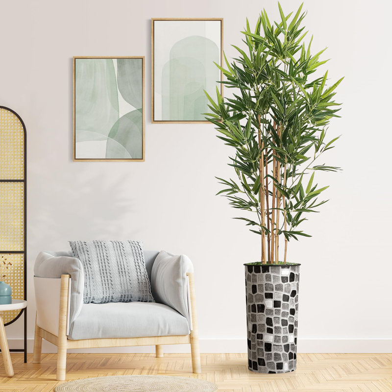 Artificial Tree in Geometric Pattern Planter Fake Bamboo Silk Tree (Plant Pot Plus Tree), Stone Gray