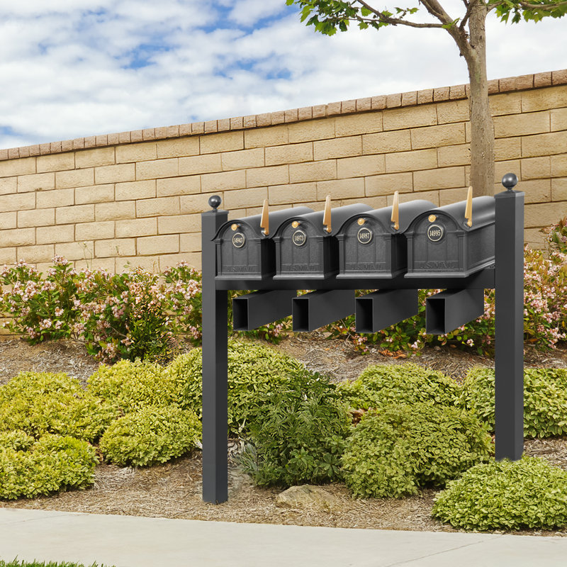 Balmoral Quad Mount Mailbox /w/ Ball Finials, Personalized Door Medallion, Newspaper Box (4 Mailboxes, Posts, 4 Newspaper Boxes, 4 Medallions)