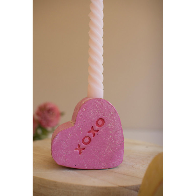  Set of Three Clay Taper Candle Holders Valentine Heart Design Decorative Tabletop Decor Accent Multicolor Distressed Finish