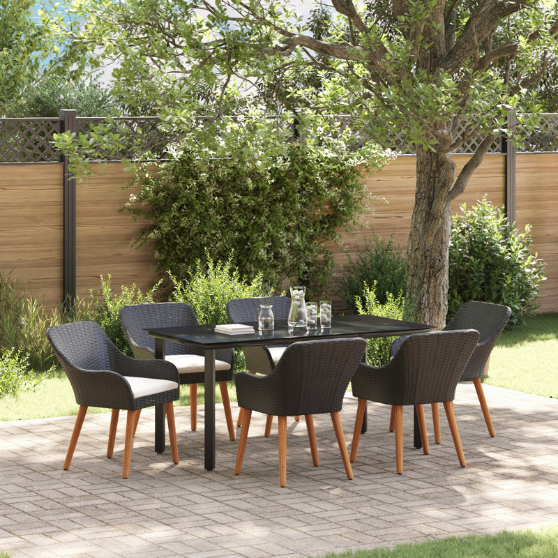 vidaXL Garden Dining Set with Cushion 7 pcs Black Poly Rattan, 6, Black/Cream, 29.1" H x 63" W x 31.5" D