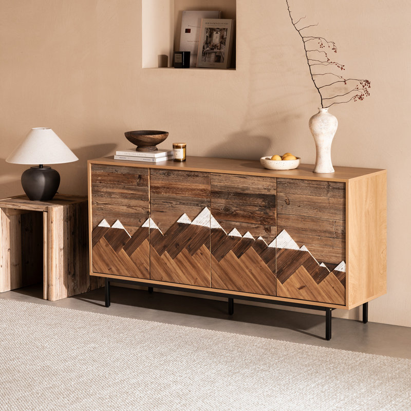 Rustic Mountain Pattern 4-Door Sideboard Buffet Cabinet with Adjustable Shelves, Wood Accent Cabinet for Living Room Entryway Dining Room