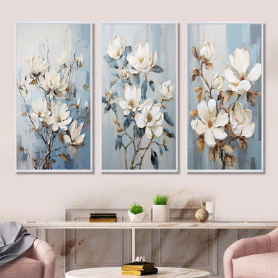 Minimalisme blanc et bleu Magnolias Florescence - Magnolias, ensemble de 3 impressions sur toile