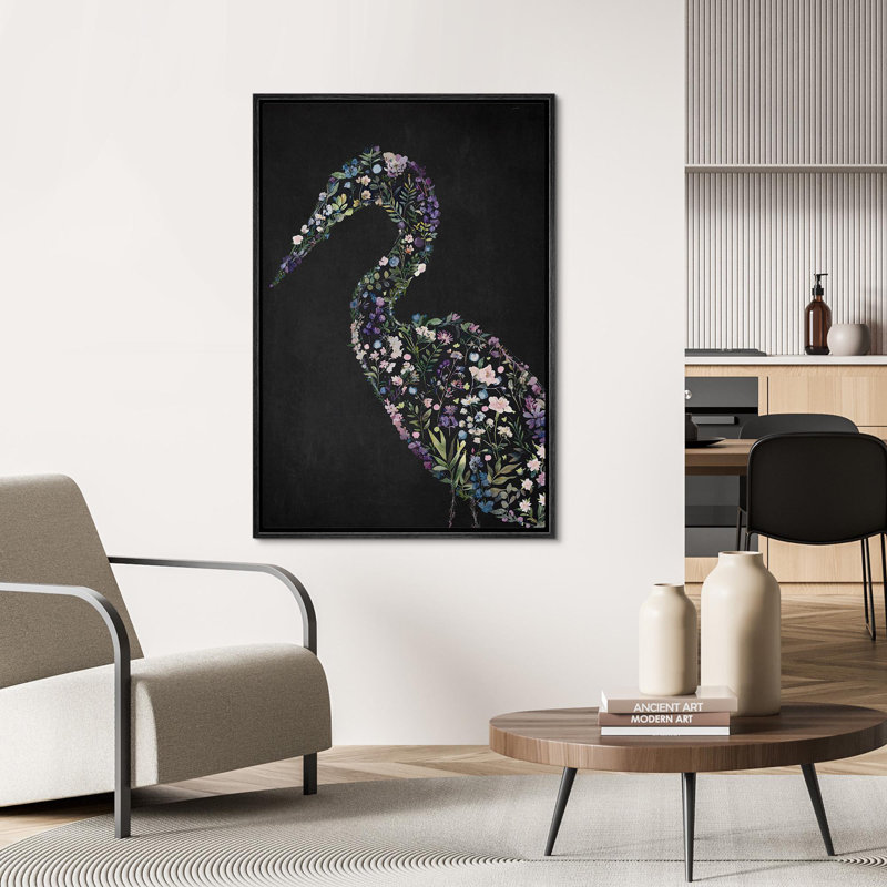 Mauve fleur grue, héron, oiseau, œuvre d'art moderne et moderne, impression sur toile encadrée, Noir, noir, noir, noir