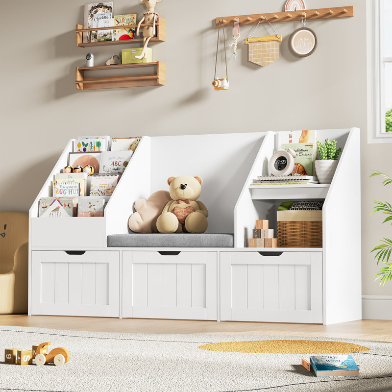 55.1" W x 31.5"H 3-IN-ONE Kids Bookcase with 3 Drawers, Soft Cushion, 4-Layer Bookshelf, Reading Nook, White