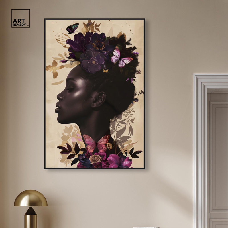Butterfly Passion Canvas Chic Floral Art by , 46" H x 31" W, Black Floater Framed