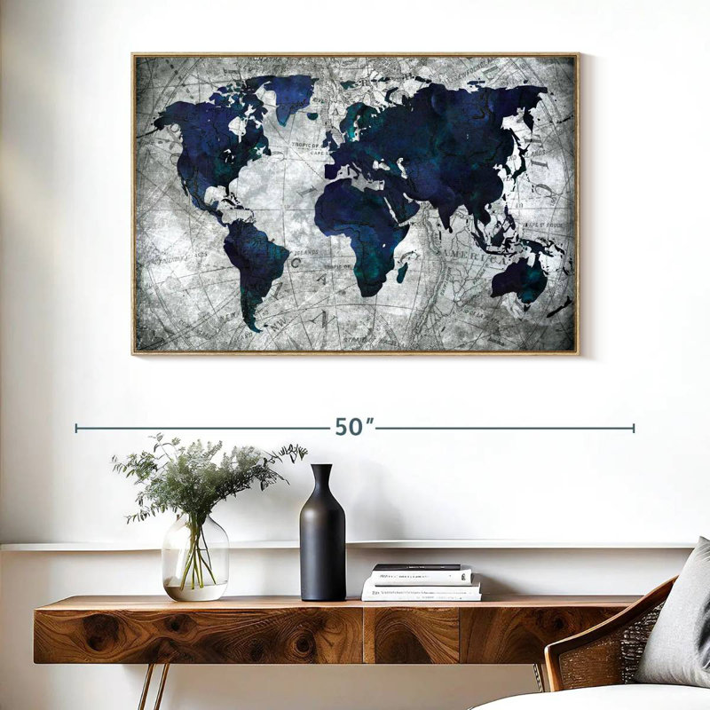Carte du monde, 40 po x 27 po, Cadre flottant en bois naturel