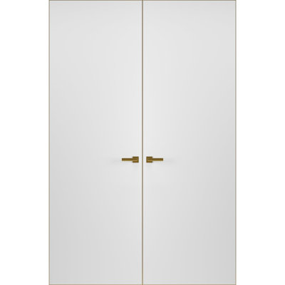 Porte double invisible moderne en bois massif avec poignée Planum 0010, apprêtée avec cadre invisible doré, 91,4 cm x 213,4 cm, ouverture intérieure à droite, charnières dorées, poignée de verrouillage, armoire moderne en bois massif.