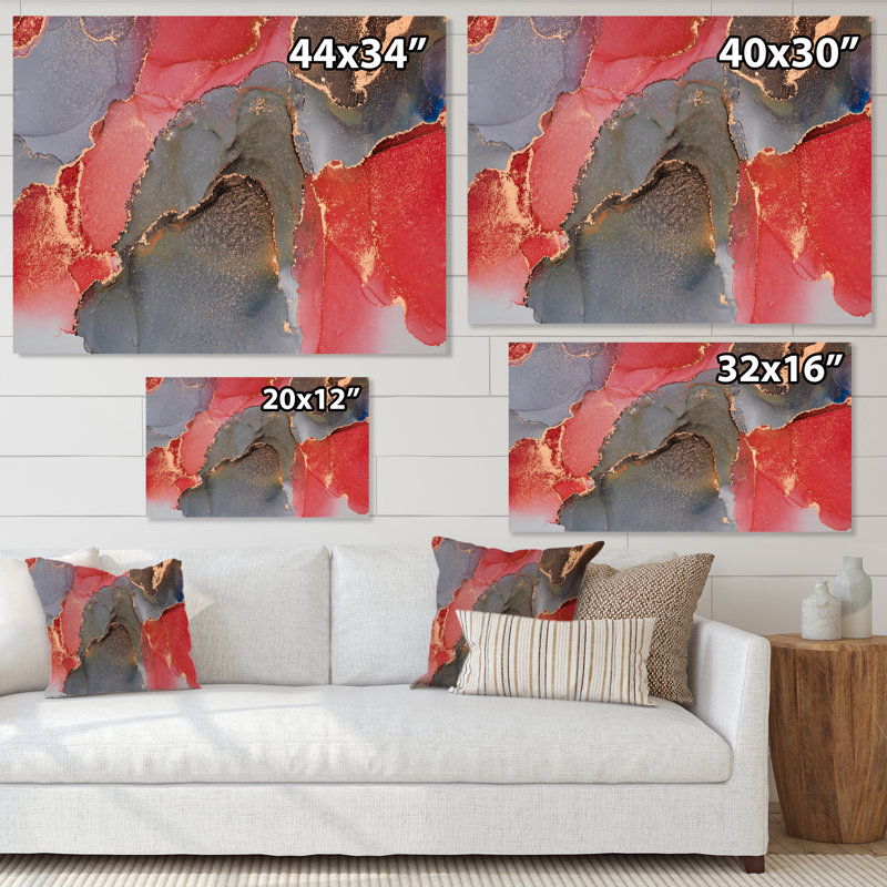Gris et rouge, art abstrait fluide de luxe - peinture sur toile, H 16 po x l 32 po, Toile tendue