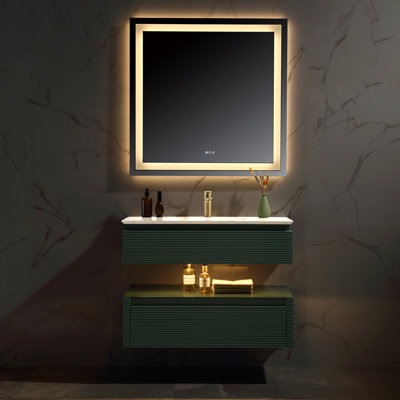 36" Floating Bathroom Vanity, Engineered Stone Top, Soft-Close Drawer, Night Light, White/Green Finish