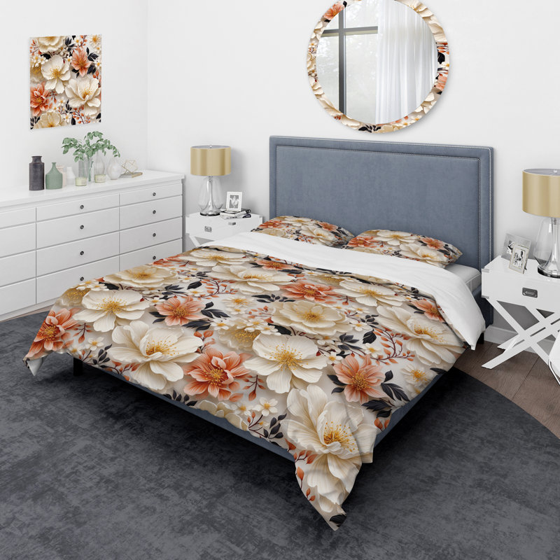 Ensemble de housse de couette en microfibre blanc / orange Ivory Poppies Playful Blossoms I