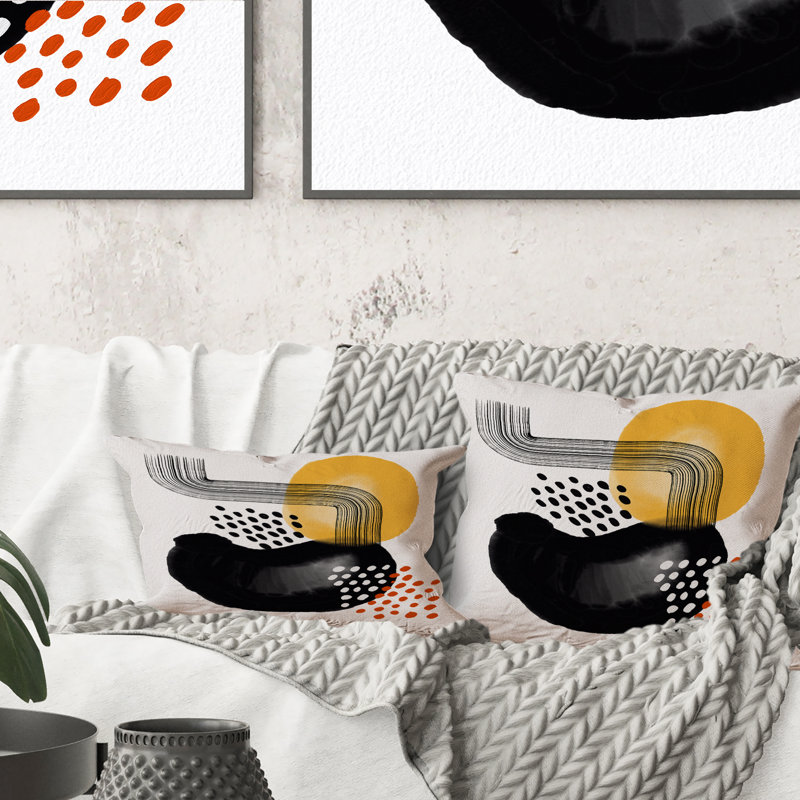 Coussin décoratif à pois moderne noir et jaune à pois, 16 po x 16 po