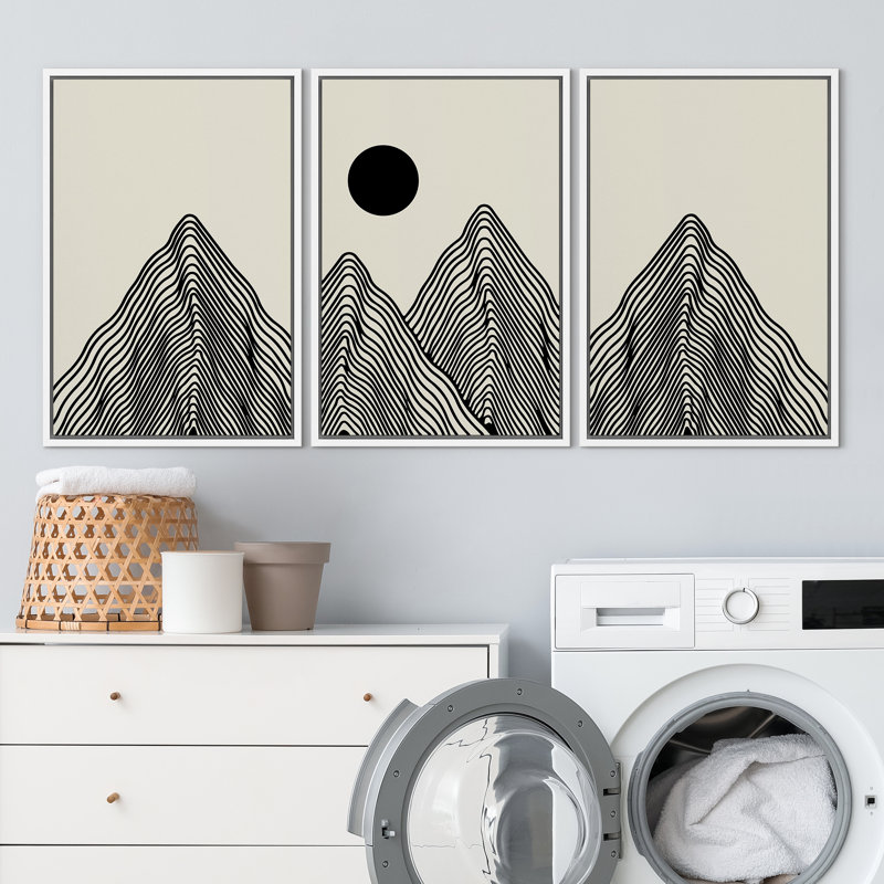 Art mural Mid-Century moderne bohème minimaliste abstrait montagne soleil encadré sur toile, 3 pièces, H 24 po x l 48 po