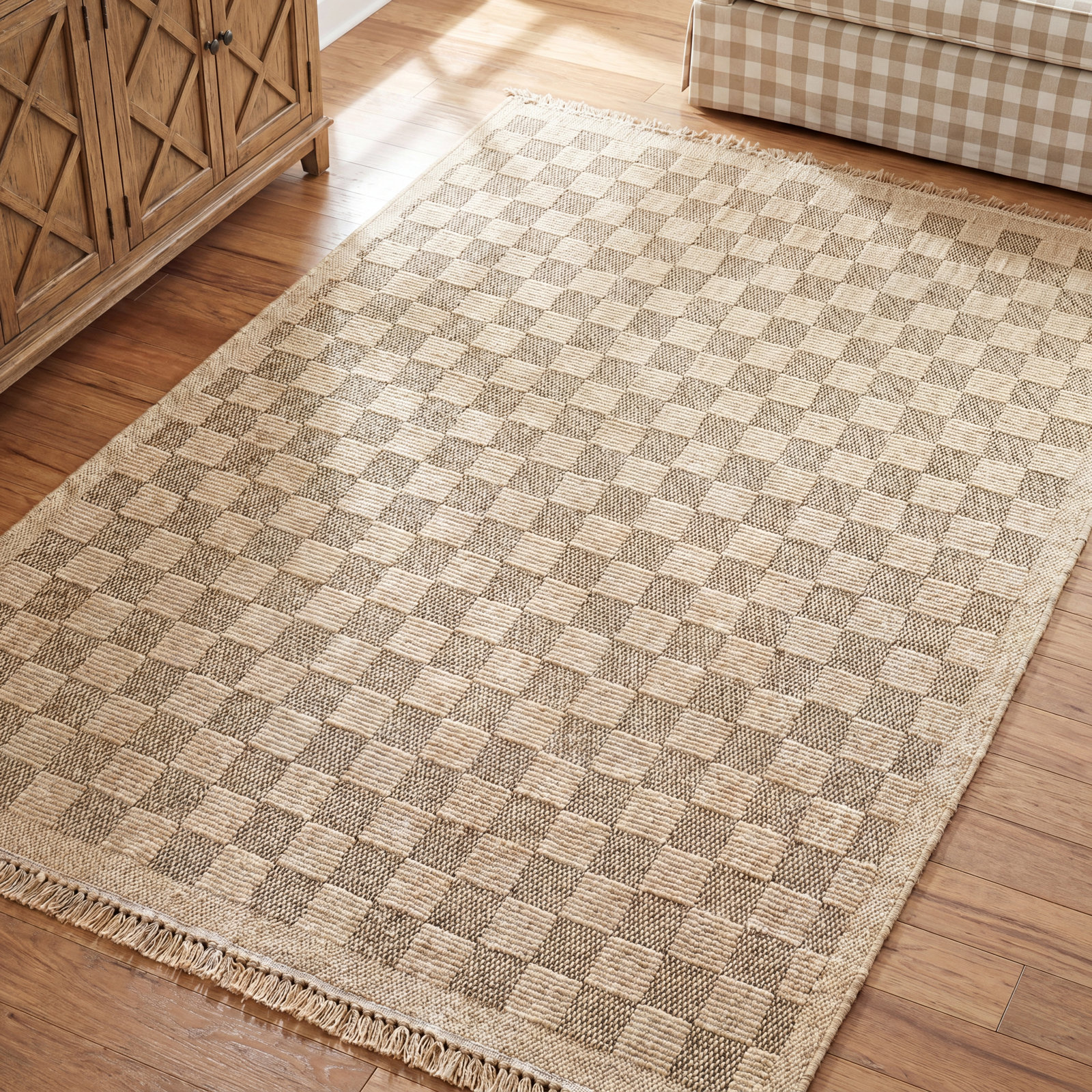 Abbie Checkered Machine Woven Polypropylene Indoor / Outdoor Area Rug in Beige/Black, Rectangle 3'11" x 5'7"
