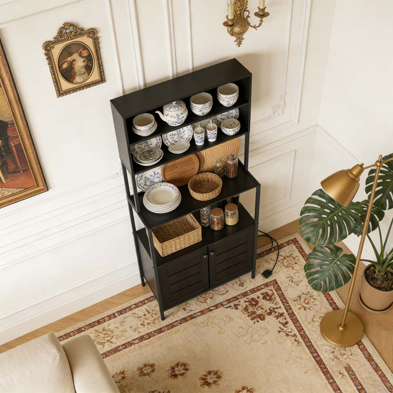 Coffee Station,Rack with Power Outlet and Storage Shelves, Black
