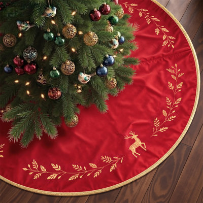 Jupe de sapin de Noël de 152 cm (60 pouces), grande jupe de sapin en velours rouge avec broderie dorée, jupe de sapin vintage avec fermeture autoagrippante pour sapins de 2,13 m (7 pieds), 2,29 m (7 pieds 5 pouces) et 2,44 m (8 pieds), décorations de Noël pour le salon.