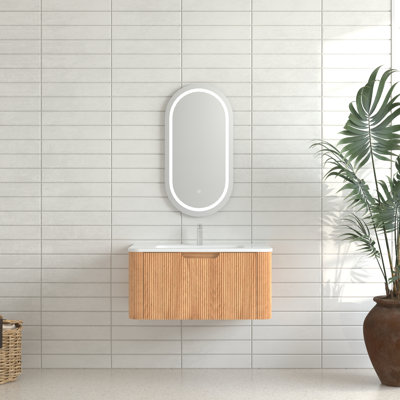 Meuble-lavabo suspendu de 76 cm (30 po) avec lavabo en céramique blanche, noyer naturel, bords arrondis, préassemblé, fermeture amortie, tiroir de rangement spacieux, style américain