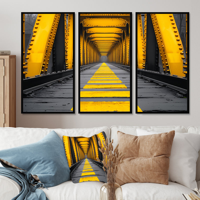 «Yellow Black Steel Symphony Bridge II» «Yellow Black Steel Symphony Bridge II» - 3 pièces, Cadre flottant noir