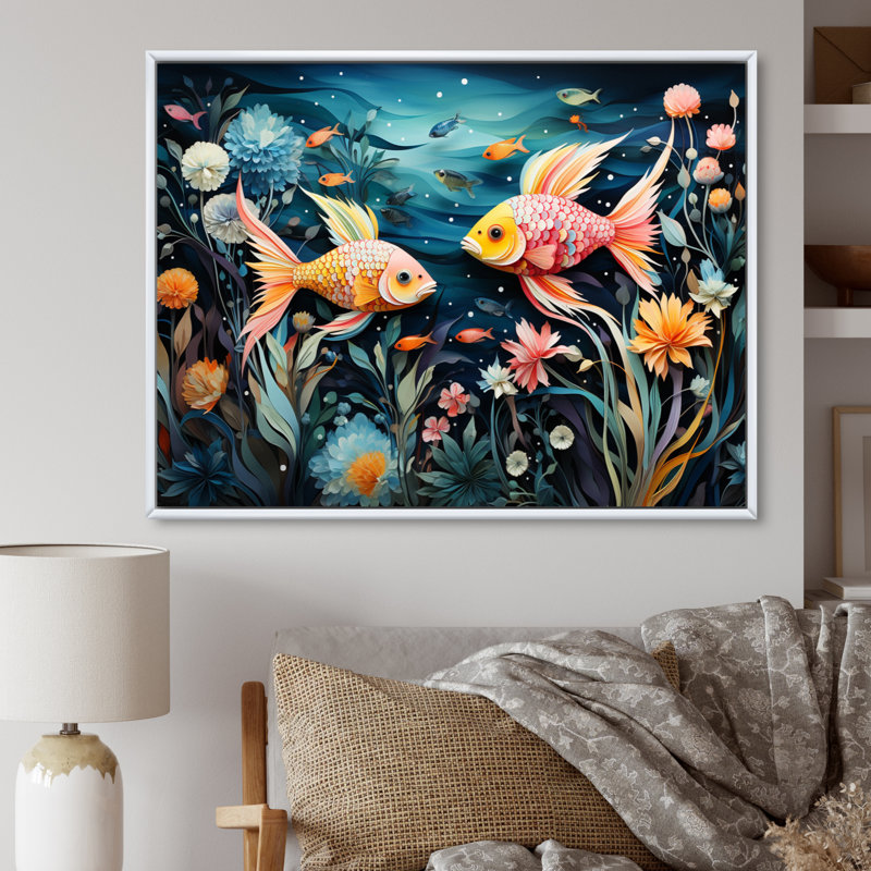 " Fishing Whimsical Waters II ", Cadre flottant blanc, H 24 po x l 32 po