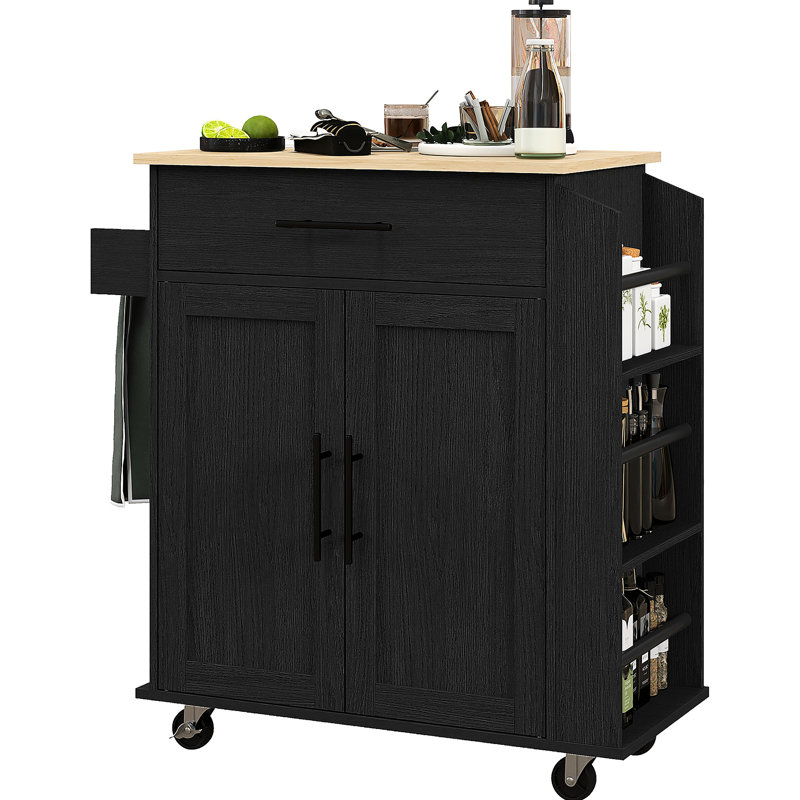 Kitchen Island With Ac & Ports For Storage, Rolling Cart, Microwave Stand Towel Spice Rack, Black Storage Outlets Ports,