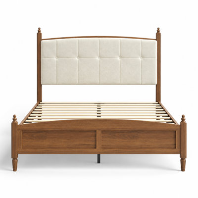 Cadre de lit plateforme Queen Size, lit de chambre robuste de style vintage à fuseaux avec structure de soutien renforcée, capacité de poids de 363 kg, tête de lit rembourrée et moelleuse