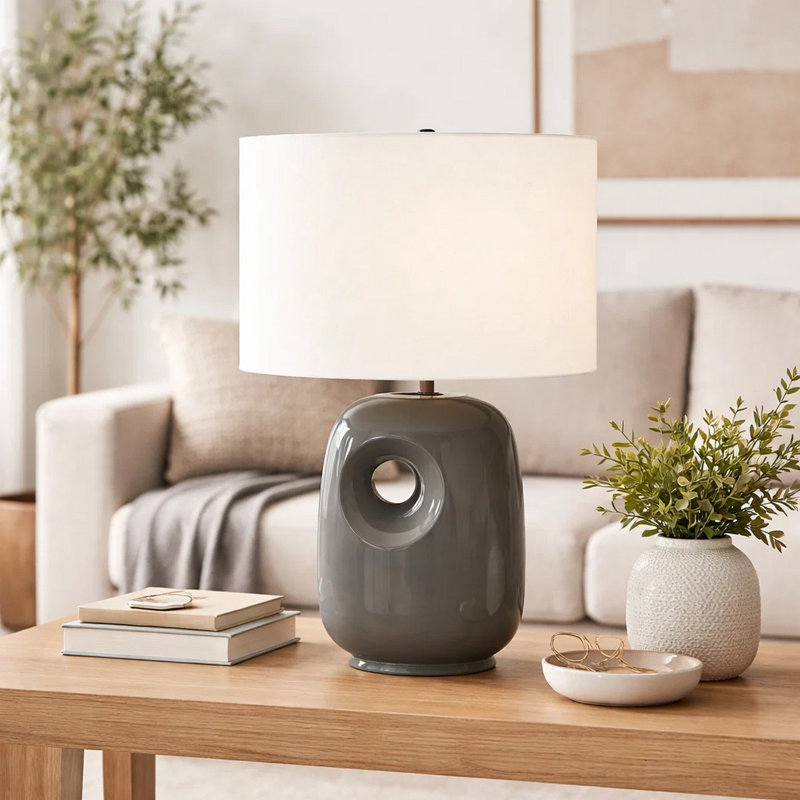 Lampe de table Viak, 26 po, base en céramique moderne gris foncé, abat-jour en lin, Argent / gris foncé