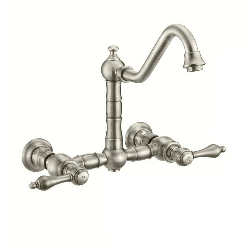 Whitehaus Wall Mount Faucet with Long Traditional Swivel Spout and Solid Brass Side Spray, Brushed Nickel, Cross