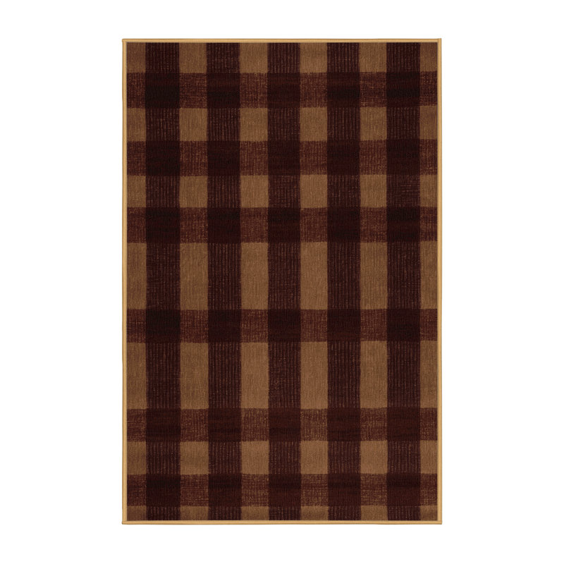 Machine Washable Checkered Brown Area Rug