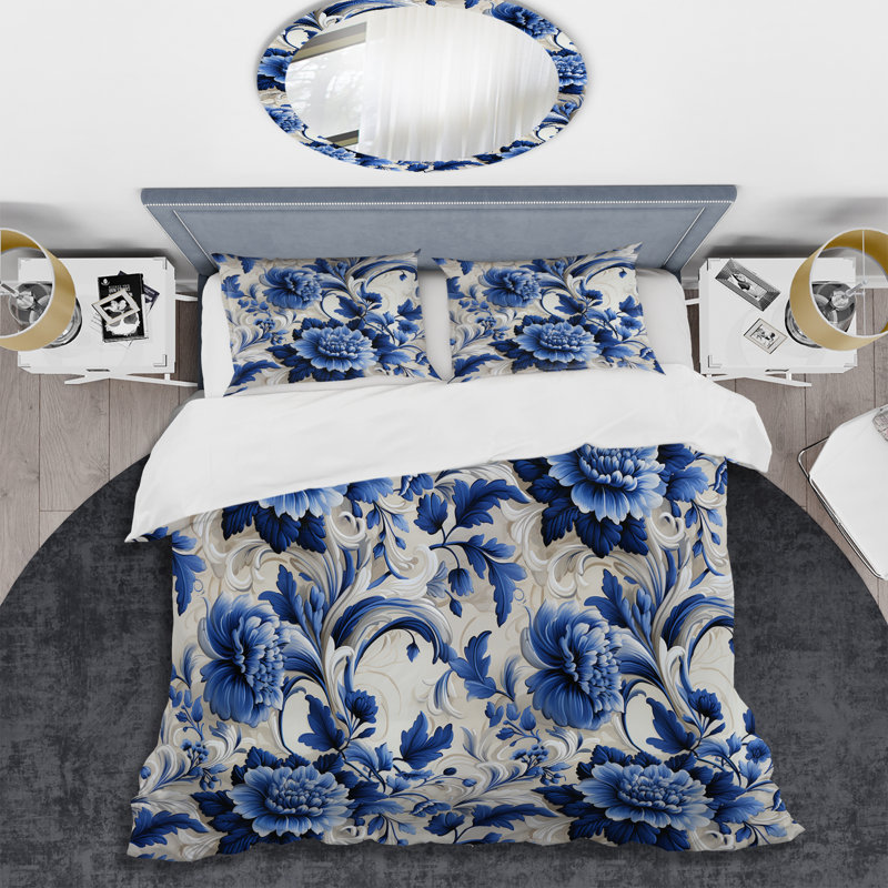 Cobalt Blue Lacework Scrolls Victorian Pattern II - Ensemble de housse de couette à motif floral