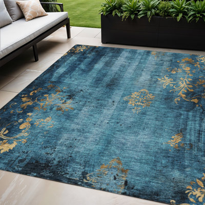 Tapis intérieur/extérieur lavable à motifs floraux bleus et dorés, 152 x 244 cm