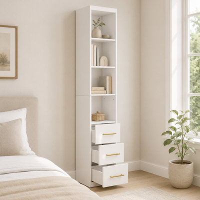 Armoire de rangement haute 85 pouces avec 3 tiroirs et 4 tablettes ouvertes, armoire de rangement autoportante blanche moderne pour la chambre à coucher, le salon, la salle de bain et la salle d'étude
