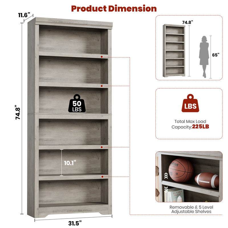 6-Tier Farmhouse Bookcase with Adjustable Shelves, Floor Standing Open Display Storage Rack, Anti-Slip Design, Gray