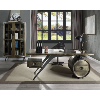 Brancaster Bronze Aluminum & Oak Finish Writing Desk With USB Port (Not Including Office Chair)