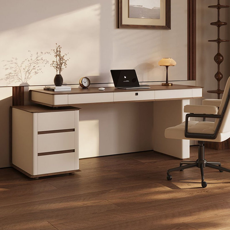 Bureau rectangulaire à 6 tiroirs en bois manufacturé brun noisette + kaki clair, Retour à gauche