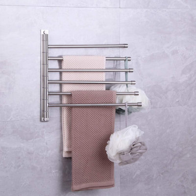 6-Arm Swivel Towel Bar Wall-Mounted Bathroom Towel Rack With Hooks Rustproof Brushed Stainless Steel Finish