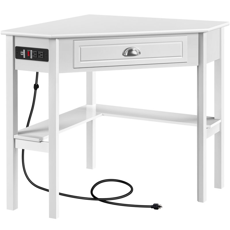 Bureau d'ordinateur de coin avec prise de courant Annalycia, Blanc